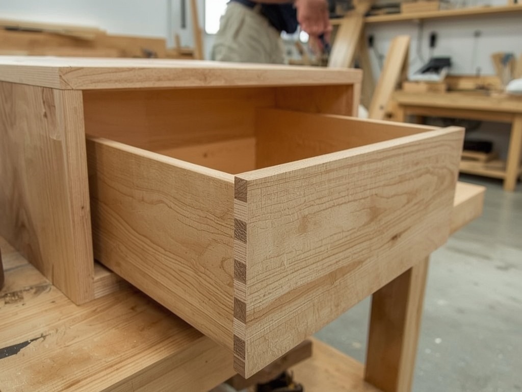 Dovetailed solid wood drawer box fitted into a plywood cabinet carcass