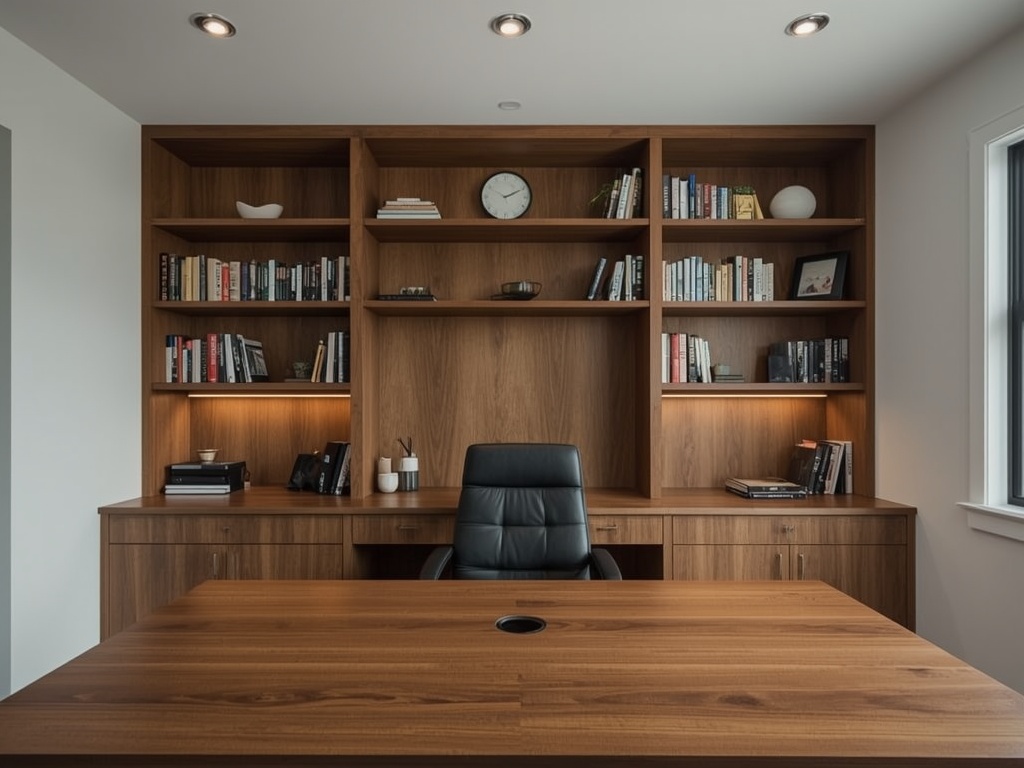 Built-in desk with cable grommet and adjustable shelving above