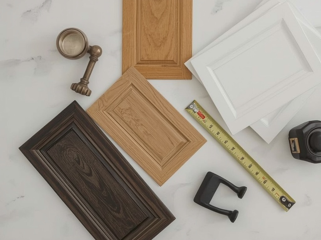 Door style samples, veneer swatches and hardware laid out for a quote