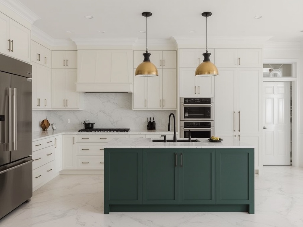 Cream perimeter cabinets with a contrasting deep green island